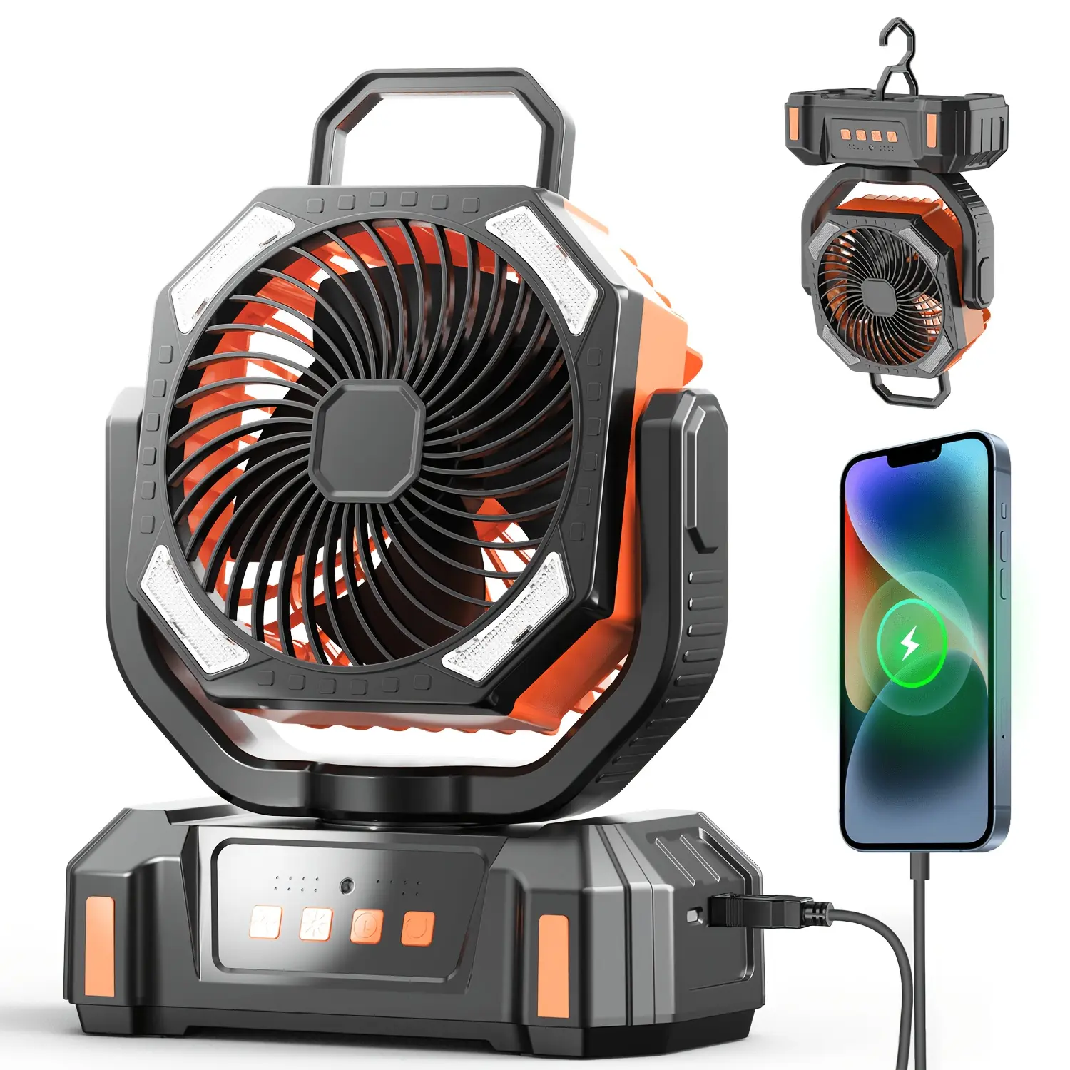20000Mah Camping Fan, Rechargeable, Portable Remote-Controlled Swivel Desk Fan with LED Light, Four Speed Settings, Reversible Charging for Mobile Phones, with Hook, Powerful And Quiet Wind, Suitable for Outdoor Tents, Home And Travel Trips