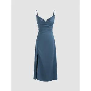 [5 colors, US size 0-26] Solid Cowl Neck Slit Midi Dress