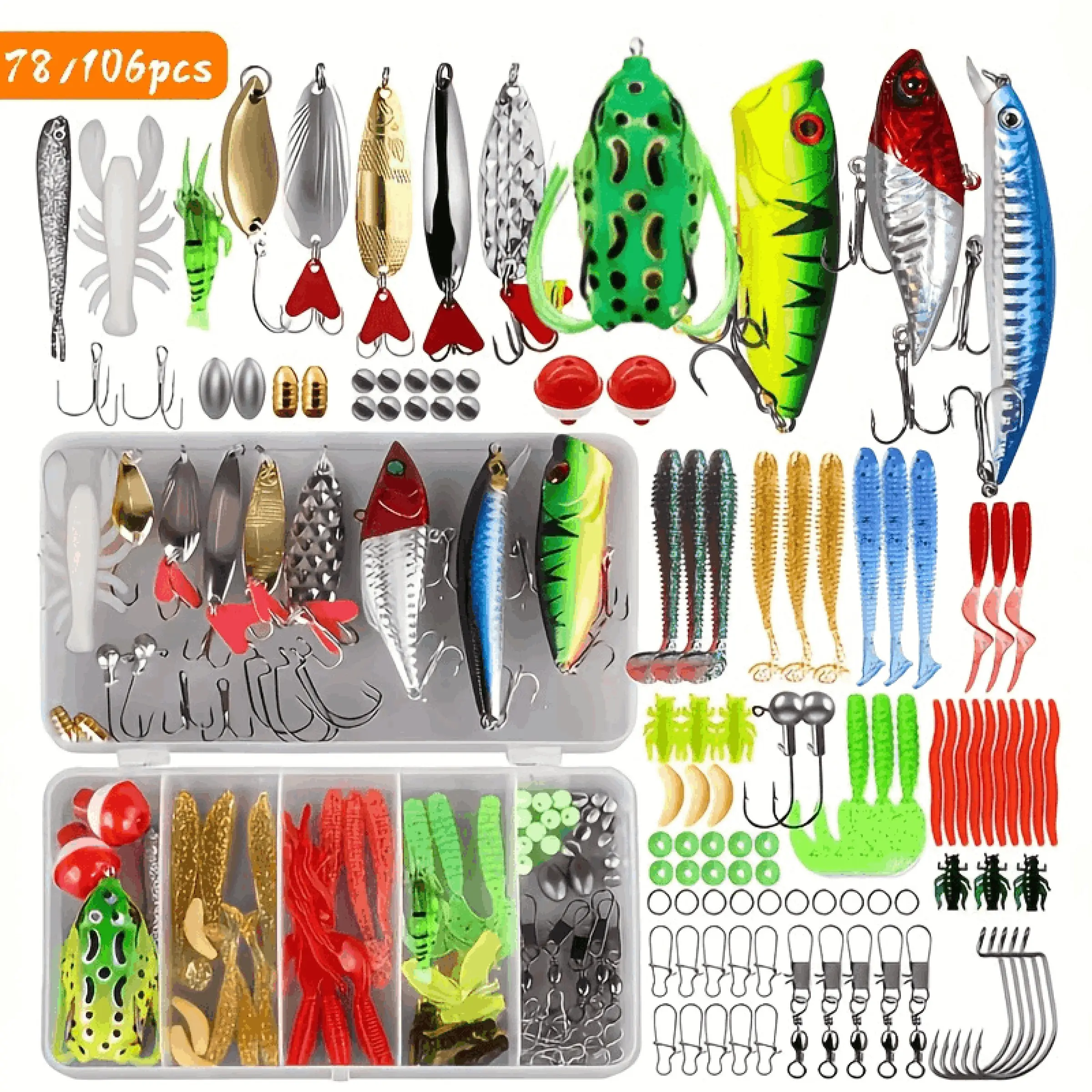 Takami Fishing Gear Set, Fishing Tackle Kit, Fishing Kits, 78/106 Pieces, Includes Screws, Dual Color Tails, Heart Shell Glitter, 3.5g Lead Head Hooks, Crab Shrimp Sinkers, Fishing Gear And Equipment