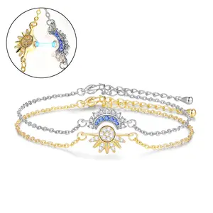 Sun & Moon Matching Bracelet Set for Couples, Stackable Celestial Charm Bracelets with Sparkling Rhinestones, Adjustable Friendship Bracelets for Women Men, Trendy Gift for Girlfriend Best Friend Daily Wear Party Jewelry