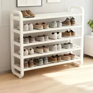 5-Tier Narrow Shape Freestanding Metal and Plastic Shoe Rack Organizer - Space-Saving Floor Storage Shelf with 5 Layers, Sturdy Base, Ventilated Tiers, Durable Iron Tubes, No Wood, Easy Setup, Ideal for Entryways, Dorms, Five Layers
