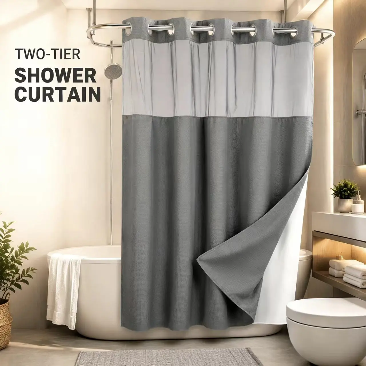 Double-layer shower curtain set (hooks not included), featuring a removable inner liner; the top is made of semi-transparent mesh fabric to balance natural light and privacy.Easy to install, a practical item for bathroom renovation and remodeling.
