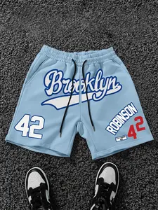 Men's American Retro Brooklyn Baseball Shorts, Light Blue Heavyweight, Fitted Style, Casual Daily Commute Wear, Vintagebaseballshorts