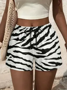 TikTok Virus Zebra Pattern Drawstring Shorts - Women's Casual High Waist Mesh Bottom Pants, Breathable and Elastic Waist, Bold Black and White Animal Print, Essential for Summer Street and Beach Wear