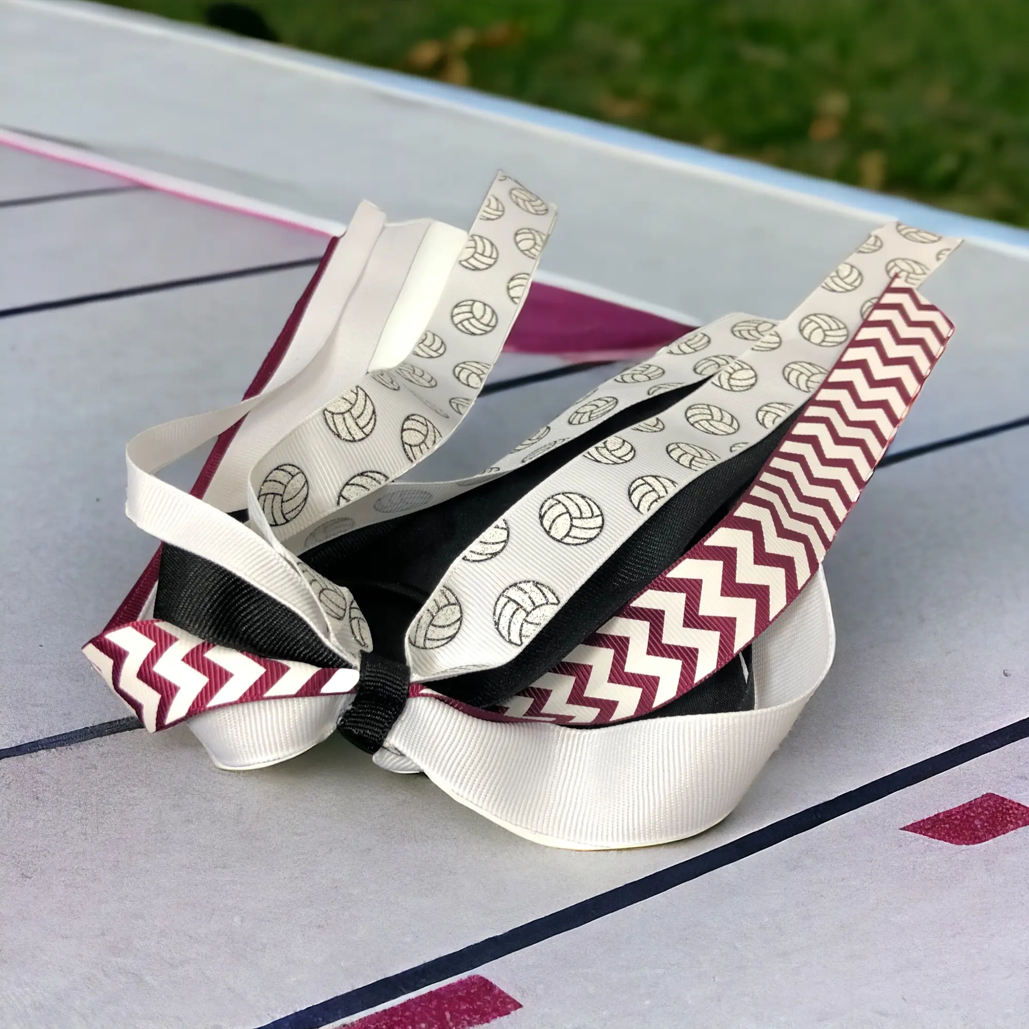 Volleyball Glitter Hair Bow for Girls Ponytail, Burgundy Chevron and Black