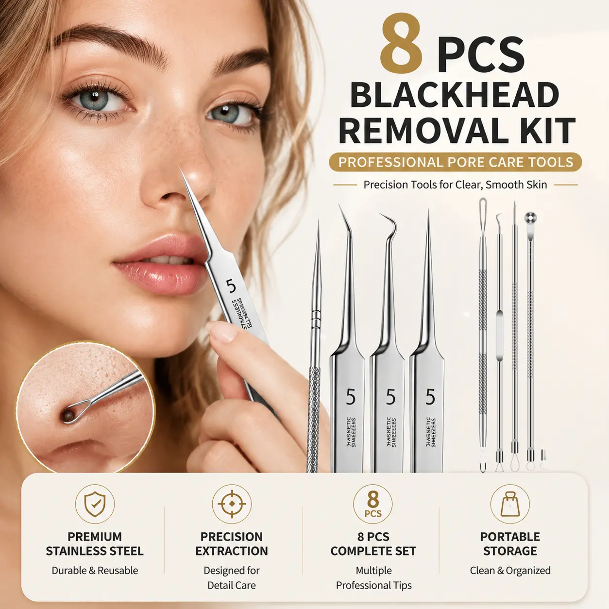 8 PCS Blackhead Removal Kit - Precision Pore Care Tools for Clear Smooth Skin - Premium Stainless Steel - Complete Set with Portable Storage