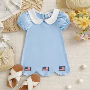 1-5T Toddler Kids Toddler Girl 4th of July Summer Dress Peter Pan Collar American Flag Embroidered Scallop Hem Dress