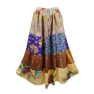 Womens Earthy Gold Multicolour Maxi Skirt Floral Patchwork Boho Skirts S/M