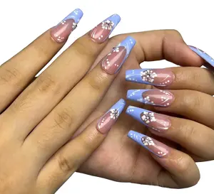 Elegant Flower Print Press On Nails: Diamond Nail Art - Glossy Finish, Retro Y2K Vibes, Customizable Sizes XS-9mm, Easy Application, Time-Saving, Safe for Natural Nails