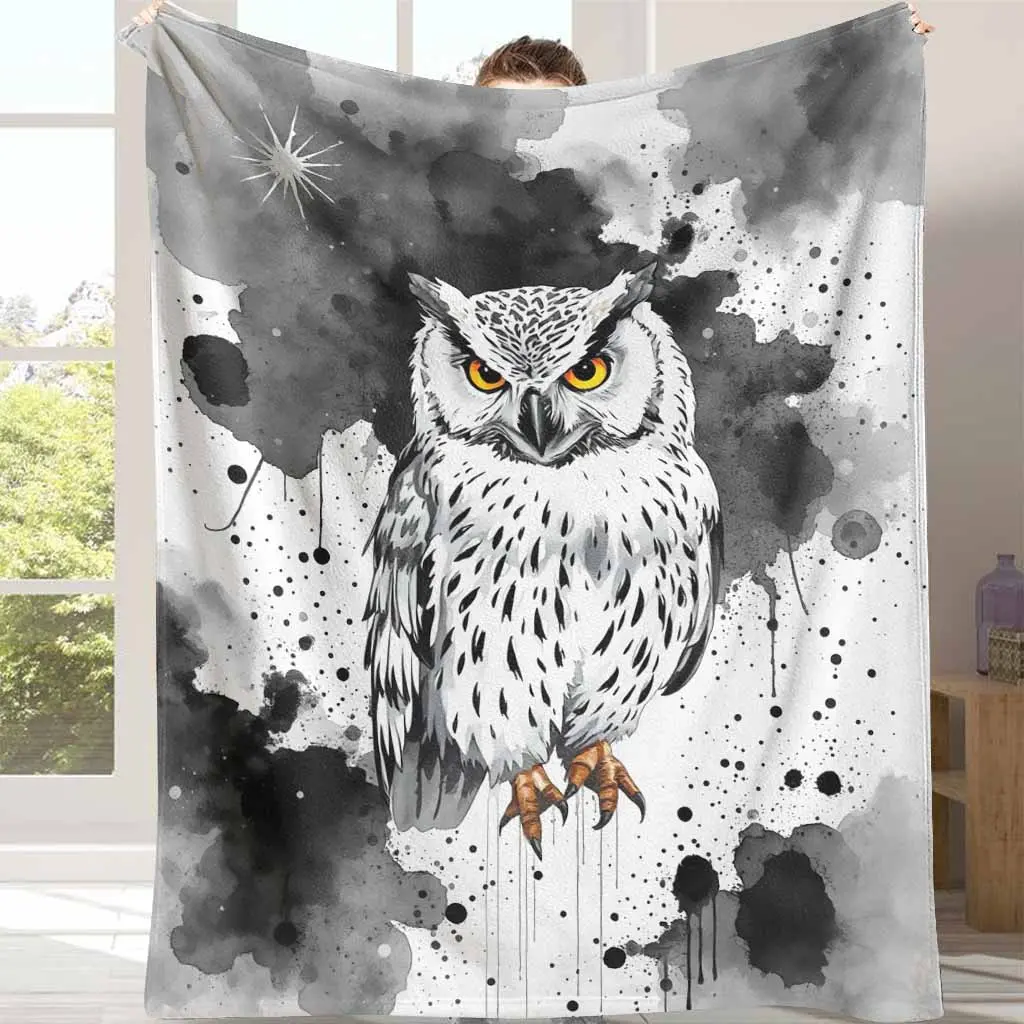 Watercolor Owl Flannel Blanket, Snowy Owl Graphic Print, Lightweight, Super Soft, Warm, Cozy, Suitable For Sofa, Bed, Travel, Camping, Office, Living Room, Study Room, A Thoughtful Gift, Home Decoration.
