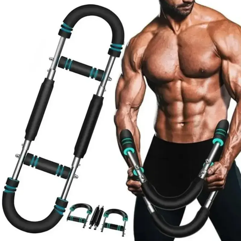 Adjustable Arm & Chest Muscle Trainer for Men- Detachable Stainless Steel Fitness Tool with Blue Grips, ldeal for Beginners and Enthusiasts,Black,Strength Training Accessory | Adjustable Resistance| Comfortable Grips, Gym Accessories Forearm Strengthener