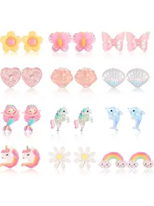 12 Pairs Kids Clip On Earrings for Girls Bling Butterfly Dolphins Rainbow Flower Heart Earring No Pierced Girls Earrings Dress Up Earring Stacking Set Jewelry Set for Kids