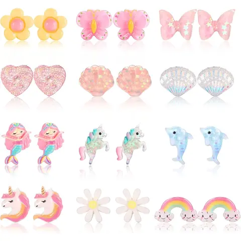 12 Pairs Kids Clip On Earrings for Girls Bling Butterfly Dolphins Rainbow Flower Heart Earring No Pierced Girls Earrings Dress Up Earring Stacking Set Jewelry Set for Kids Cute Jewelry