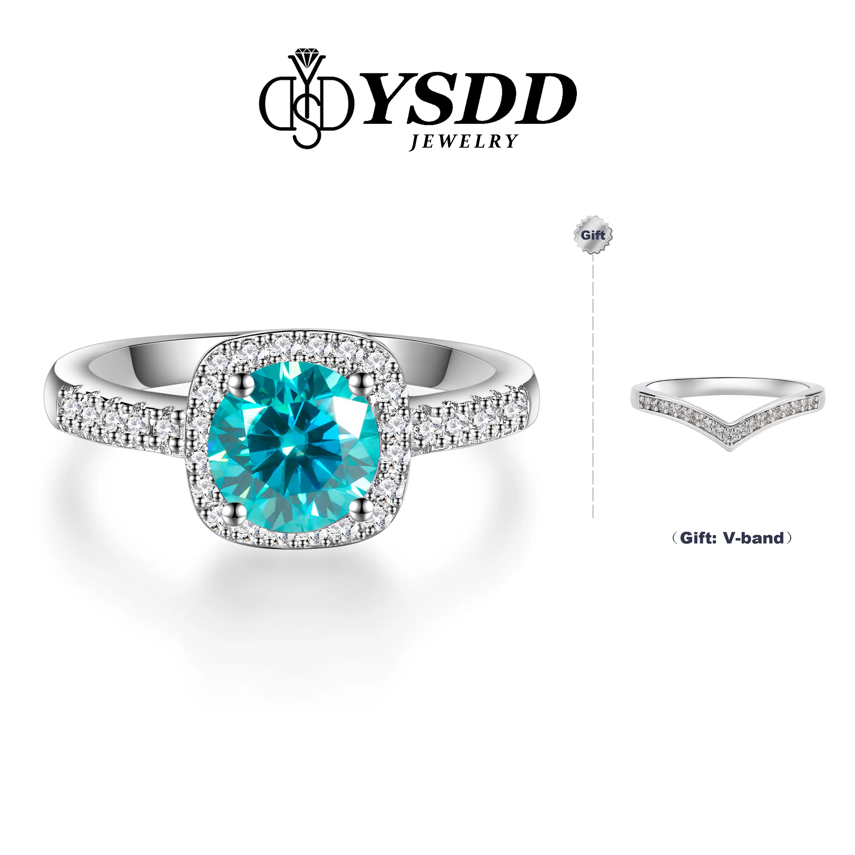 【#98 Buy 1 Get 1 V Band】Synthetic Moissanite Engagement Ring for Women, 1CT Neon Blue Color VVS1 Clarity, 925 Sterling Silver Synthetic Moissanite Wed