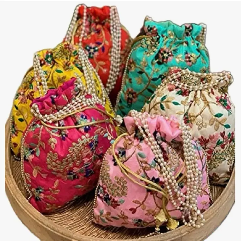 Embroidered Silk Pouch Bag Designer Women Potli Bags Handle Purse Clutch Purse for Women Festive & Weddings Gift.