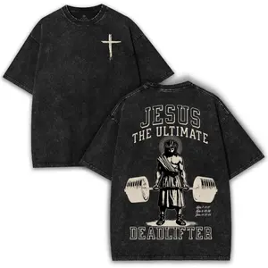Jesus The Ultimate Deadlifter Chrsitian Washed T-Shirt Retro Faith Graphic Tee Faith Shirt Oversized Washed Heavyweight Cotton Shirt Christian Streetwear Gift for Men Women