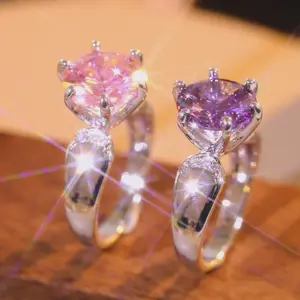 Sparkling Moon-Shaped CZ Ring for Women - Pink & Purple Cut Synthetic Zirconia, Elegant Daily Wear Jewelry & Romantic Engagement Gift for Her