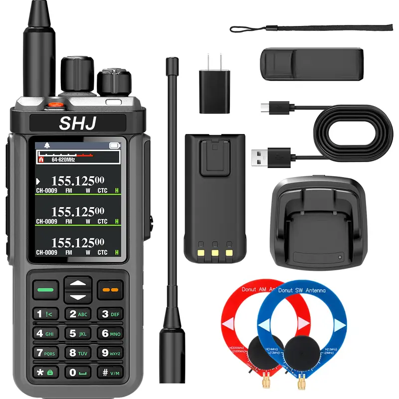 SHJ-8000 Multi-Band Handheld Ham Radio Walkie Talkie - Portable Audio Device with Bluetooth, FM Tuner (65-76/76-108MHz), SOS Alarm, Dual-Band Monitoring, GPS, VOX, Type-C USB/Optional Desktop Charging for Pros, Recreational Use (Rechargeable)