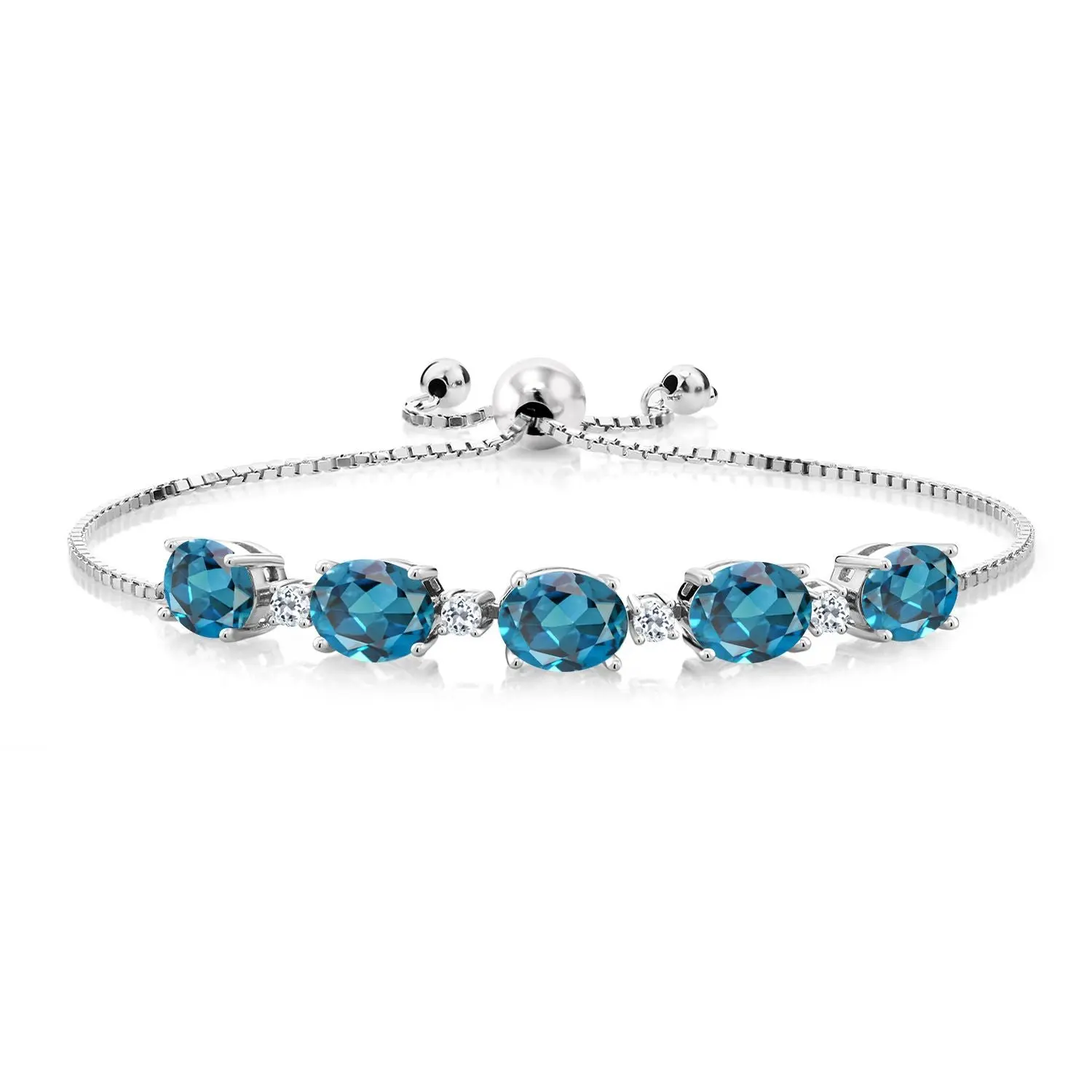 Gem Stone King 925 Sterling Silver Gemstone Birthstone and White Topaz Tennis Bracelet for Women | Oval 8X6MM with Round 2.5MM Accents | Adjustable Bolo Chain | Fine Jewelry for Her Mom Wife