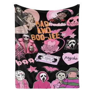 "Pink 'Bad and Boo-Jee' Horror Collage Flannel Blanket - A Unique Christmas Gift for Horror Fans, Cozy Festive Present with Iconic Pink Slashers & Retro Vibes, Perfect Edgy Holiday Surprise for Gifting Warmth & Spooky Style This Christmas"