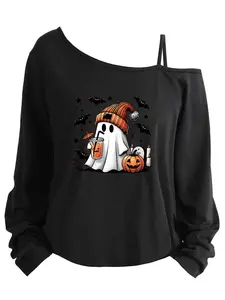 Plus Size Women's Halloween Print Long Sleeve Asymmetric Blouse, Loose Fit Kint Top From Size 1-8xl, Comfortable All Seasons Wear