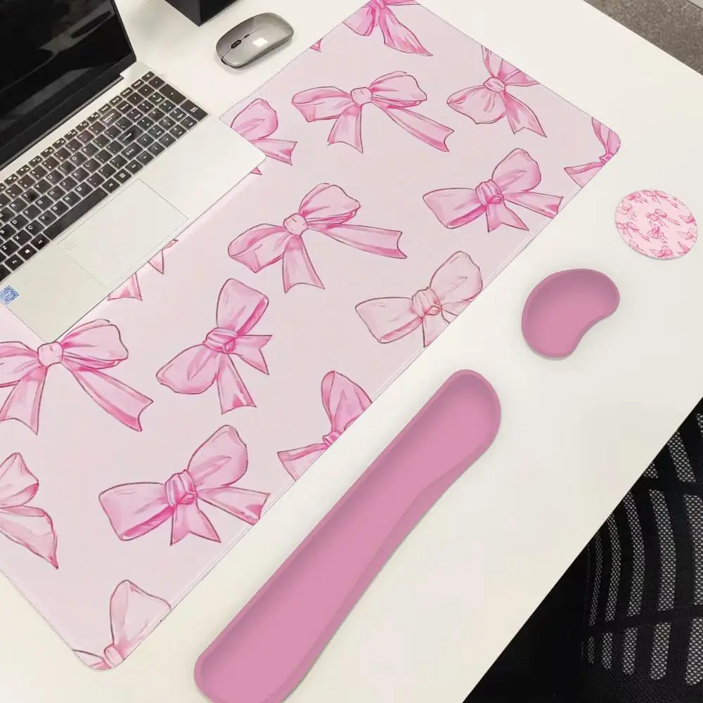 Cute Bow Pattern Mouse Pad For Laptop With Wrist Rest Set, Mouse Pad & Keyboard Wrist Rest & Mouse Pad & Coaster, Ergonomic Wrist Support, Computer Accessories for Home Office Gaming Non Slip Mousepad