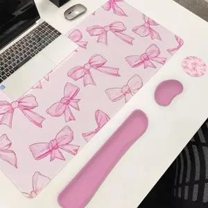 Cute Bow Pattern Mouse Pad Set, Mouse Pad & Keyboard Wrist Rest & Mouse Pad & Coaster, Ergonomic Wrist Support, Computer Accessories for Home Office Gaming Non Slip Mousepad