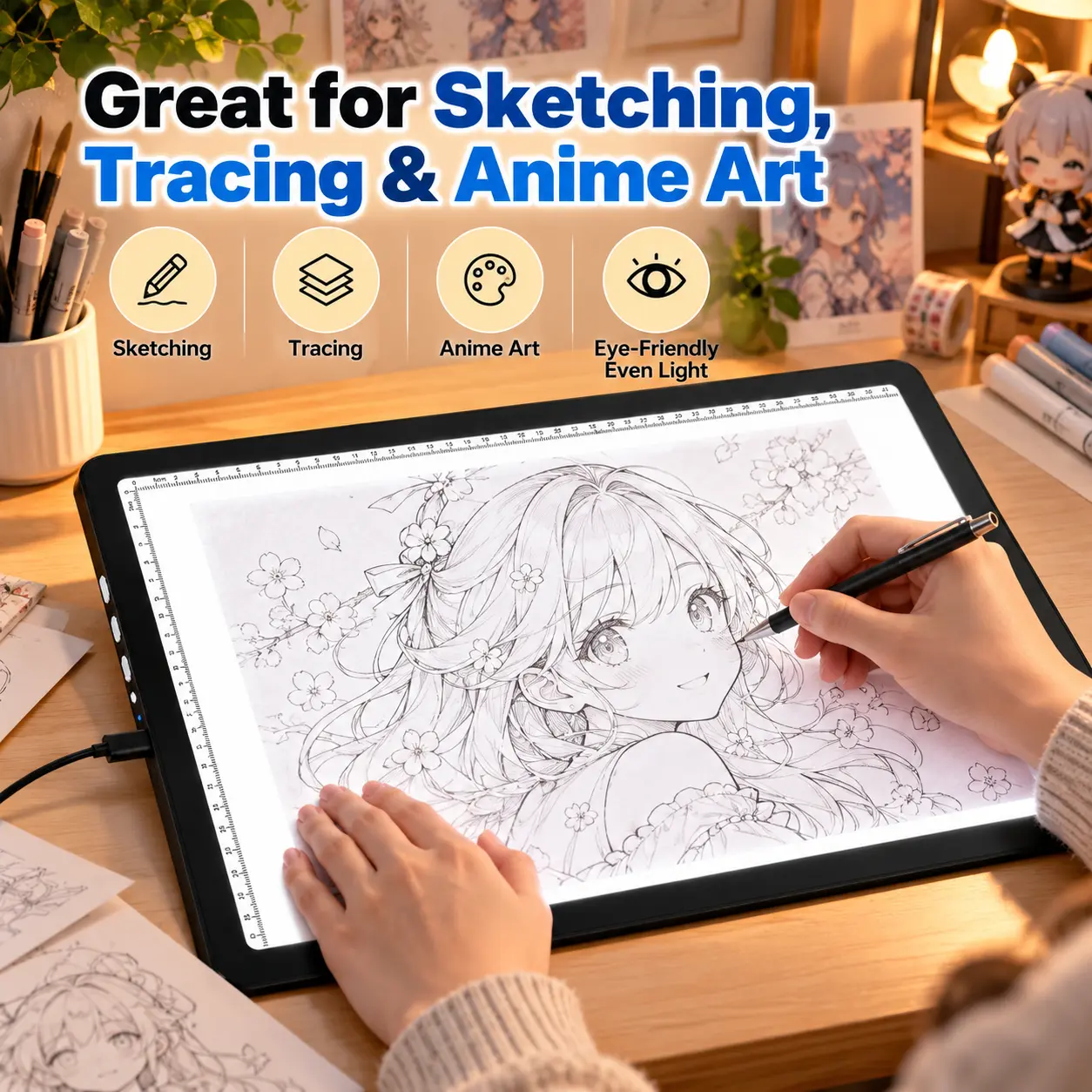 A3 LED Light Tracing Board (46.2×34cm) - 3 Color Temperatures, 6 Adjustable Brightness Levels, USB-Powered Non-Rechargeable, 4 Binder Clips, Type-C Cable for Diamond Painting, Sketching (a3+clips Art Supplies for Office Stationery)