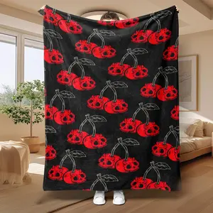 Cherry & Skull Pattern Blanket, Soft Touch Throw Blanket, Cool Bedroom Bedding Blankets, Gift for Punk Lovers and Trendy Friends