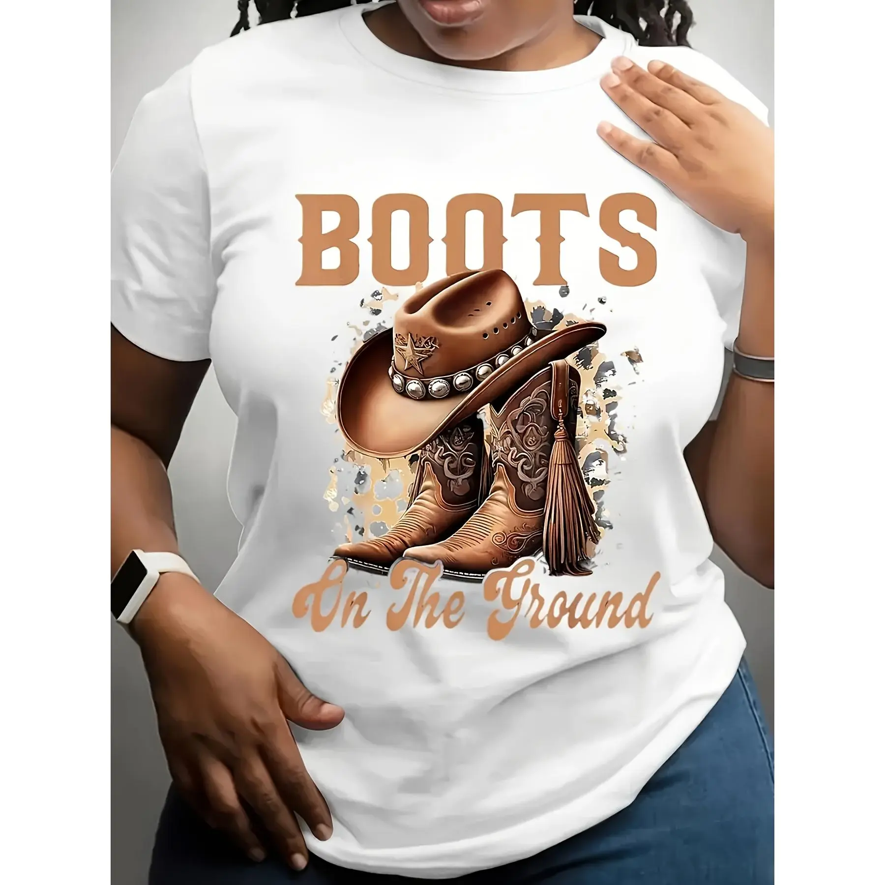 Men's & Women's Short Sleeve Western Cowboy Boots Graphic Crewneck Tee - "Boots On The Ground" Casual Basic Round Neck Shirt, Breathable Comfortable Fit Black Top for Country Western Events & Everyday Wear, Cowboy Accessories Match Apparel, Shortsleeve