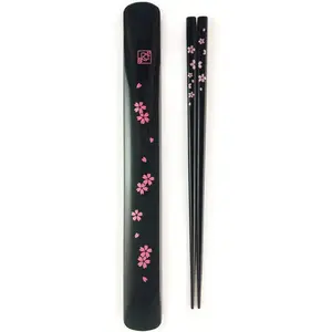 3643, Portable Chopsticks with Case Reusable Chinese Korean Japanese Bamboo Travel Chop Sticks Utensil Dishwasher Safe Made in Japan, Sakura Pattern
