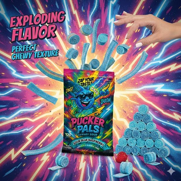 Pucker Pals Sour Candy – Blue Raspberry Extreme Gummy Candy Sour Strips, Bold Sweet & Sour Belts, Gummies For Party Size Gummy Worms Halloween Stocking Stuffers Game Night Boys Girls Teen Kids Adults