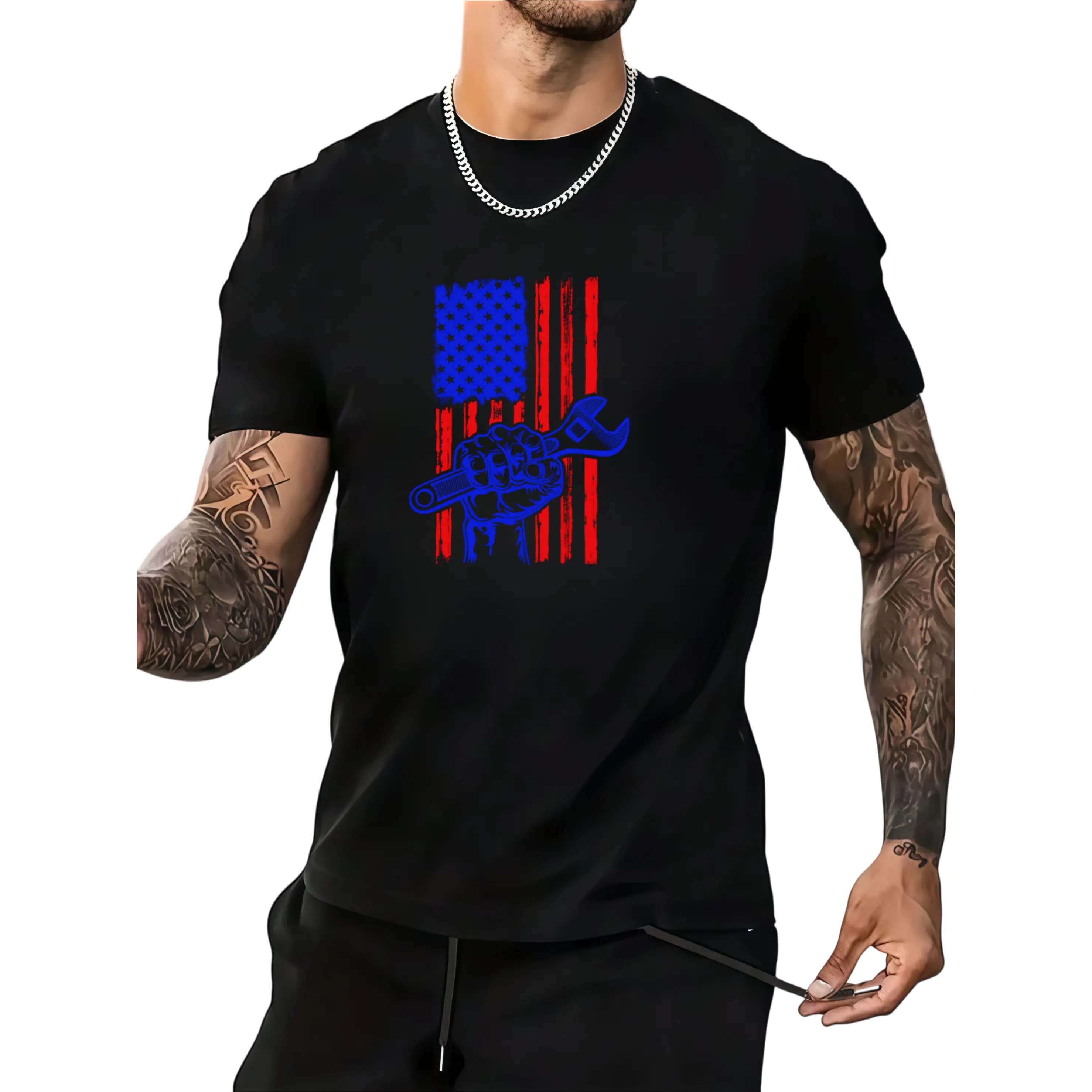 Plumber American Flag Plumbing Gift Pipe Wrench USA Patriot T-Shirt Same Style for Men And Unisex 2026 Summer Shortsleeved Printed T-Shirt Retro Casual Short-Sleeved T-Shirt with a Round Neck And Printed Pattern