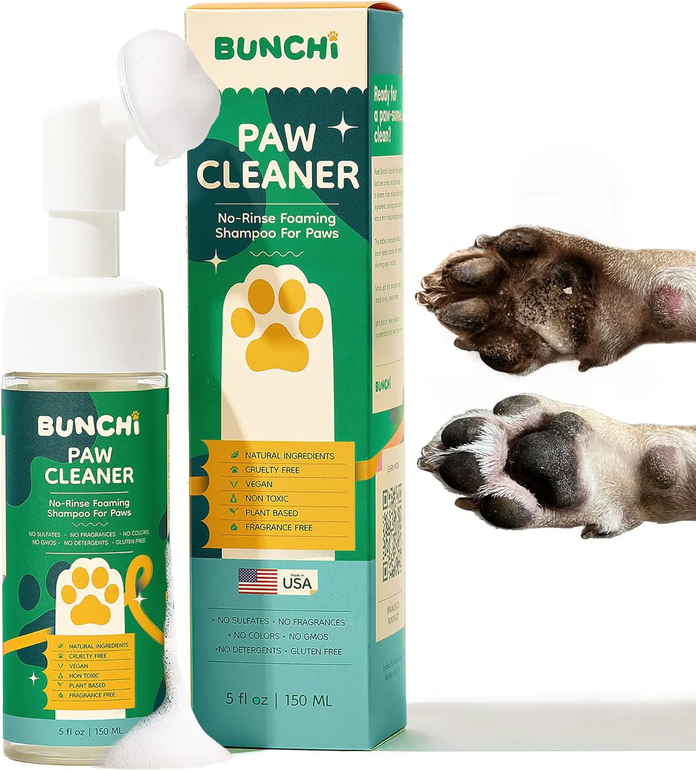 Bunchi Pet Paw Cleaner - Made in USA - Natural No-Rinse Foam with Brush | Gentle, pH Balanced, Safe for Dogs & Cats | Deep Cleaning | 5oz