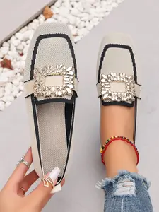 Women's Breathable Lightweight Flat Shoes, Rhinestone Buckle Design, Slip-On Comfort Casual Shoes, Perfect for Daily Commuting and Shopping