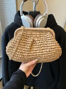 Elegant Women's Straw Basket Bag, Fashionable Straw Chain Crossbody Bag, Casual Everyday Shoulder Bag, Versatile Half Moon Bag