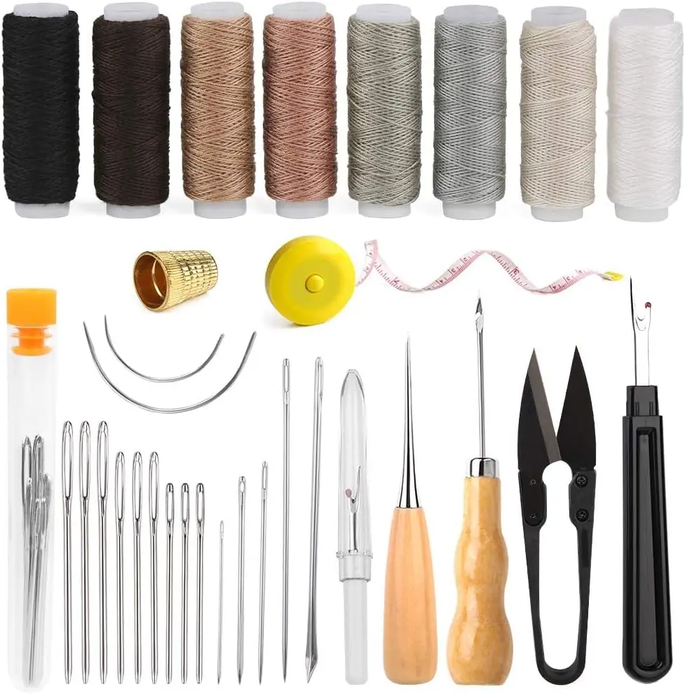 Upholstery Repair Sewing Kit Heavy Duty Sewing Kit with Awl Tools, Seam Ripper, Hand Stitching Needles, Upholstery Thread, Leather Craft Tool for Shoes Sofa Tent Carpet Craft DIY