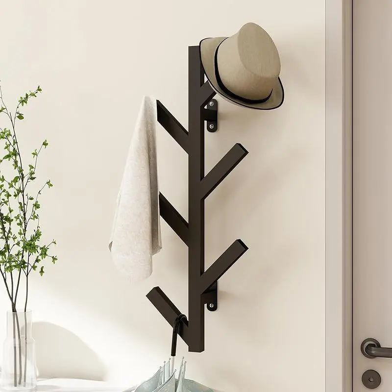 Chic Black Metal Wall-Mounted Coat Rack with 6 Hooks - Modern Minimalist Design for Hanging Clothes, Hats, Bags & Scarves - Easy Installation, Space-Saving Organizer for Entryway, Hat Rack for Wall, Standing Shelf