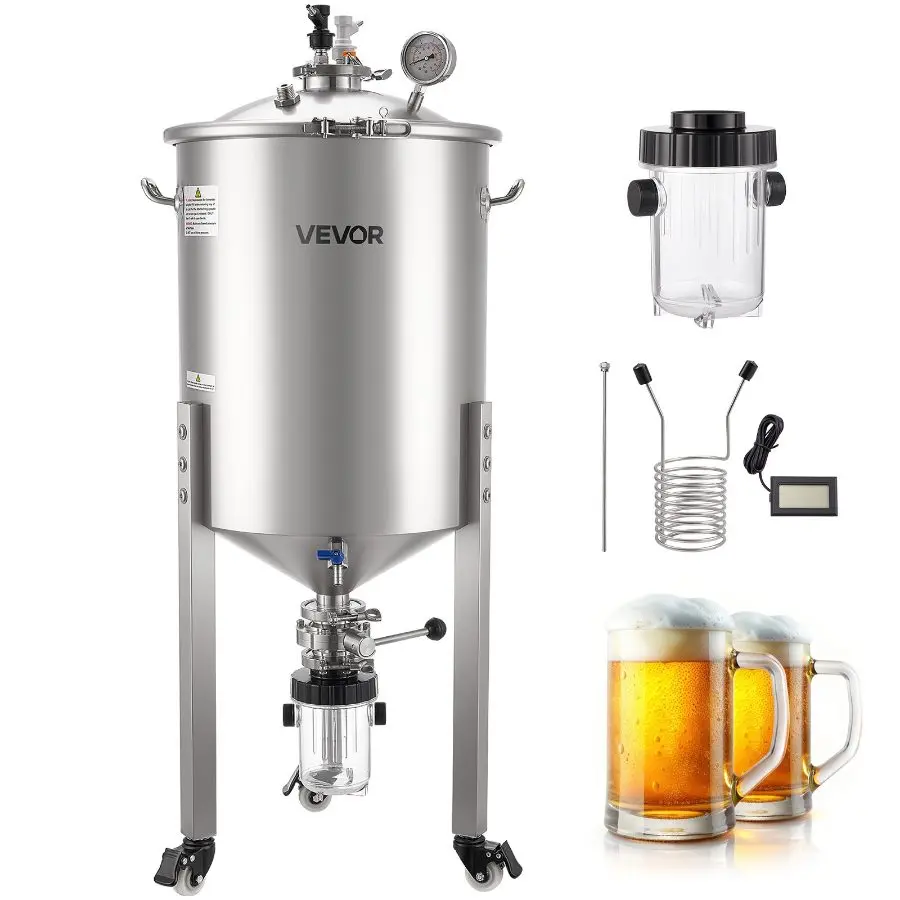 【Summerfinds】 VEVOR Pressure Fermenter 15 PSI, 16 Gal/60L All-in-One Stainless Steel Conical Secondary Fermentation Bucket, with Cooling Tube, Yeast Slurry Collection Bottle, for Wine, Beer Brewing Equipmentdealsforyoudays