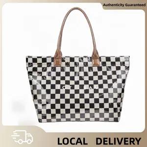 Women’s PVC tote bag — fashionable plastic tote for spring; plaid shoulder bag with letter print; large waterproof hobo/tote handbag; checkerboard pattern fashion tote; multifunctional work tote; minimalist transparent commuter bag with large capacity