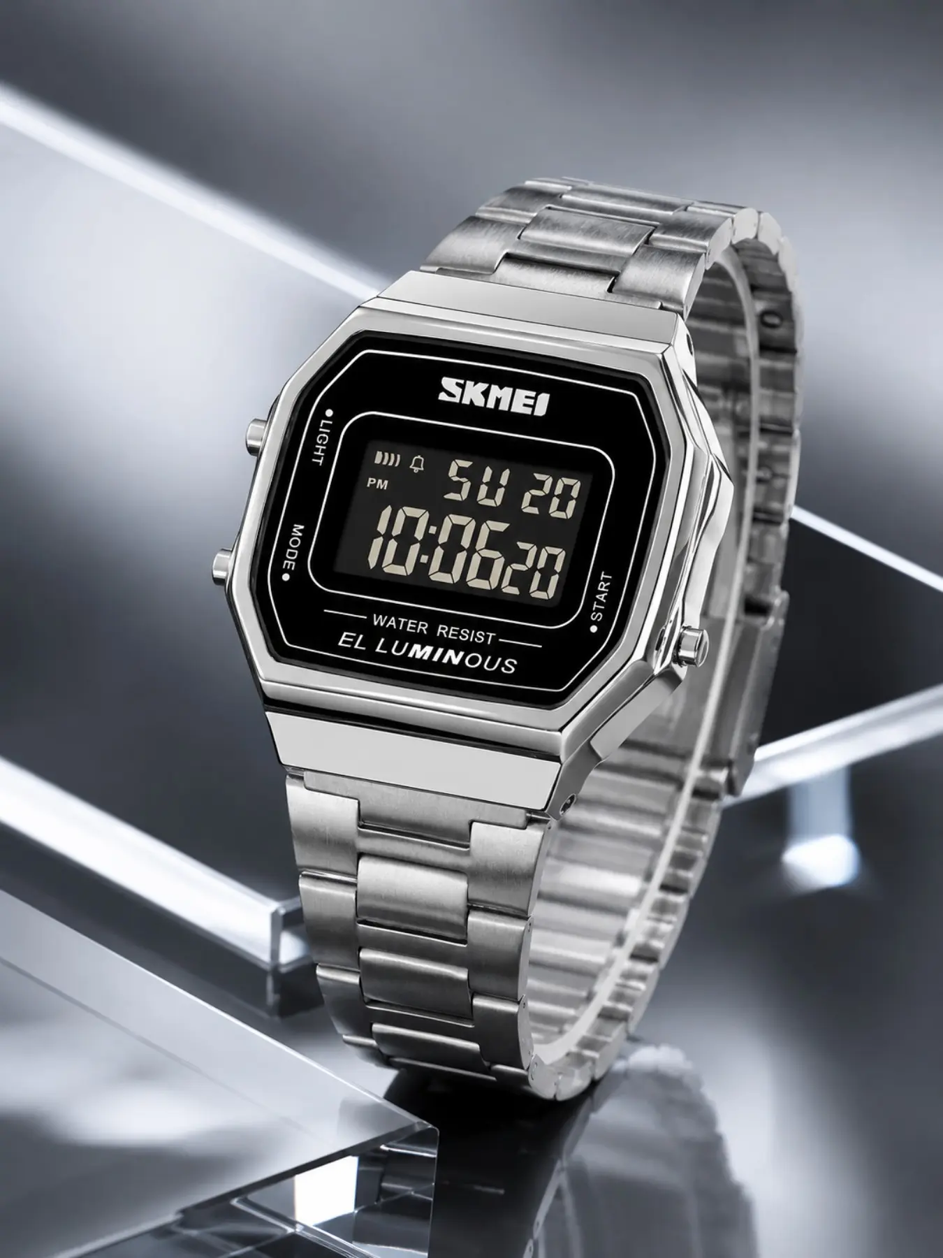 Skmei Retro Square Digital Wristwatch, Elegant Electronic Timepiece, Stainless Steel Strap, Multi-Functional, Perfect for Casual & Commute, Fashion Square Watch