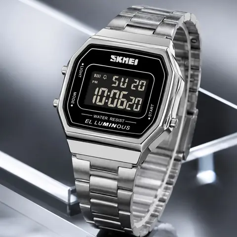 Skmei Retro Square Digital Wristwatch, Elegant Electronic Timepiece, Stainless Steel Strap, Multi-Functional, Perfect for Casual & Commute, Fashion Square Watch, Fashion Wristwatches