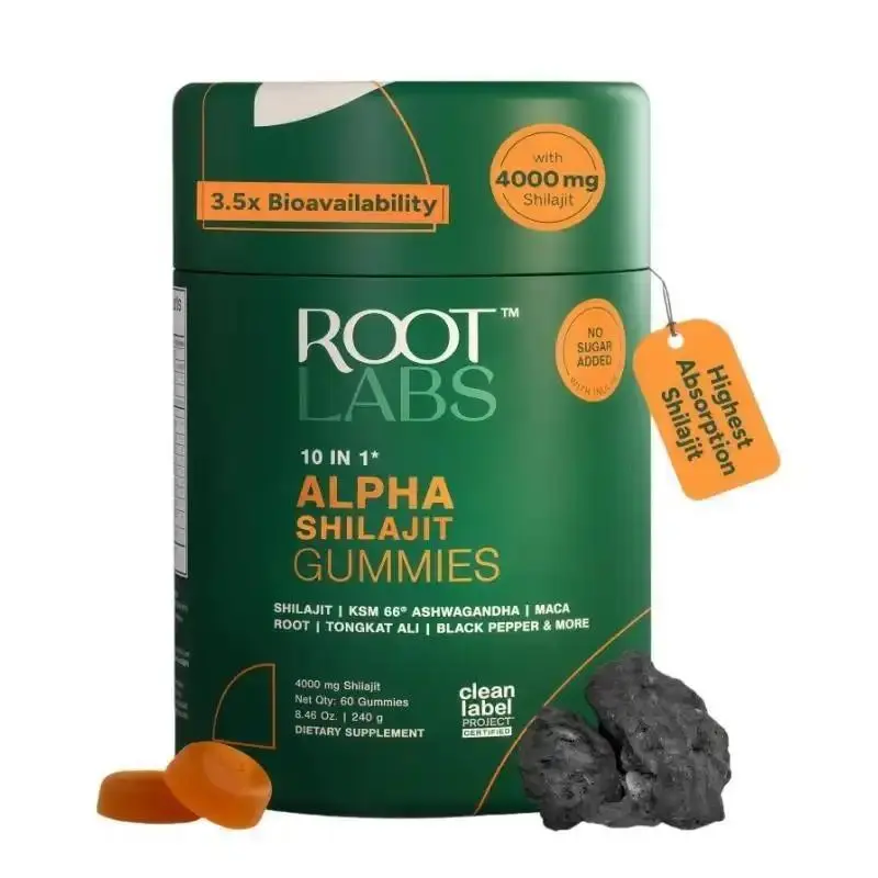 Root Labs Alpha 10-in-1 Shilajit Gummies 4000 mg| Holiday Gift-Ready| Energy, Stamina & Focus| Zero Sugar| KSM-66 Ashwagandha, Tongkat Ali, Maca| Vegan| 60 Count