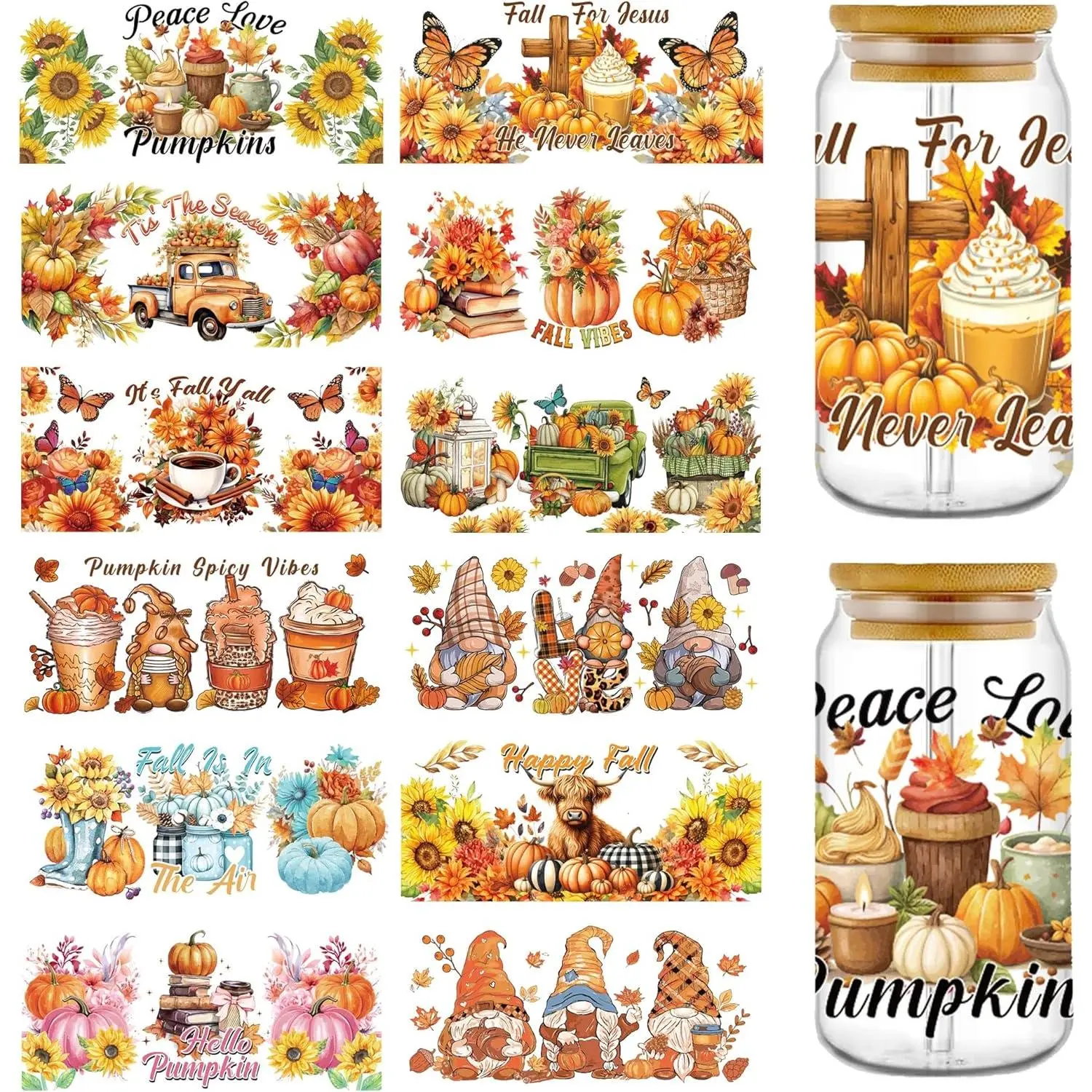 12 count Fall UV DTF Cup Wraps:  Pumpkin  UV DTF Cup Wrap for 16 oz Glass, Autumn Butterfly Uvdtf Stickers , Rub On Transfers for DIY Crafts Thanksgiving Party Decorations