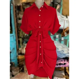 Button-collar, single-breasted, waist-tied, short-sleeved shirt dress