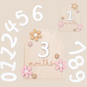 Wooden Baby Milestone Sign Set with Interchangeable Numbers – Floral Monthly Newborn Photo Prop