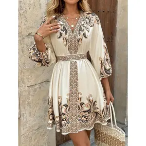 Women's Elegant Floral Print V-Neck A-Line Dress with Long Lantern Sleeves - Lightweight Machine-Washable Spring/Summer Dress for Casual & Formal Occasions, Floral Print Dress, Summer Fashion, Vneck Design, Nontransparent Fabric