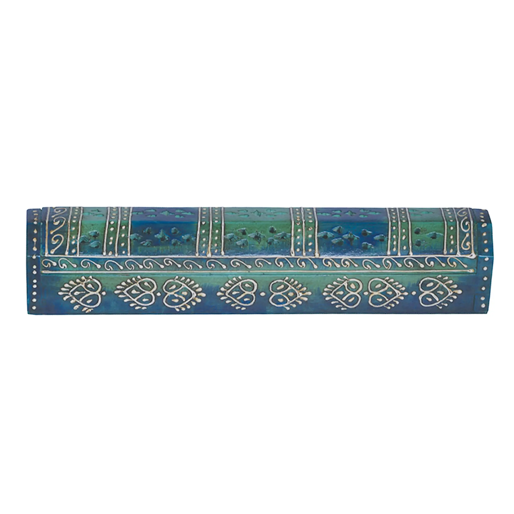 12 in. Teal Hand-Painted Wood Incense Coffin Box