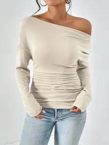 Women's Asymmetrical Shoulder Slim Fit Fitted Solid Color Comfortable Waist Cinching Long Sleeve Fashion Lady T-Shirt, Casual Stylish Top, Womenswear, Casual Fashionable Top