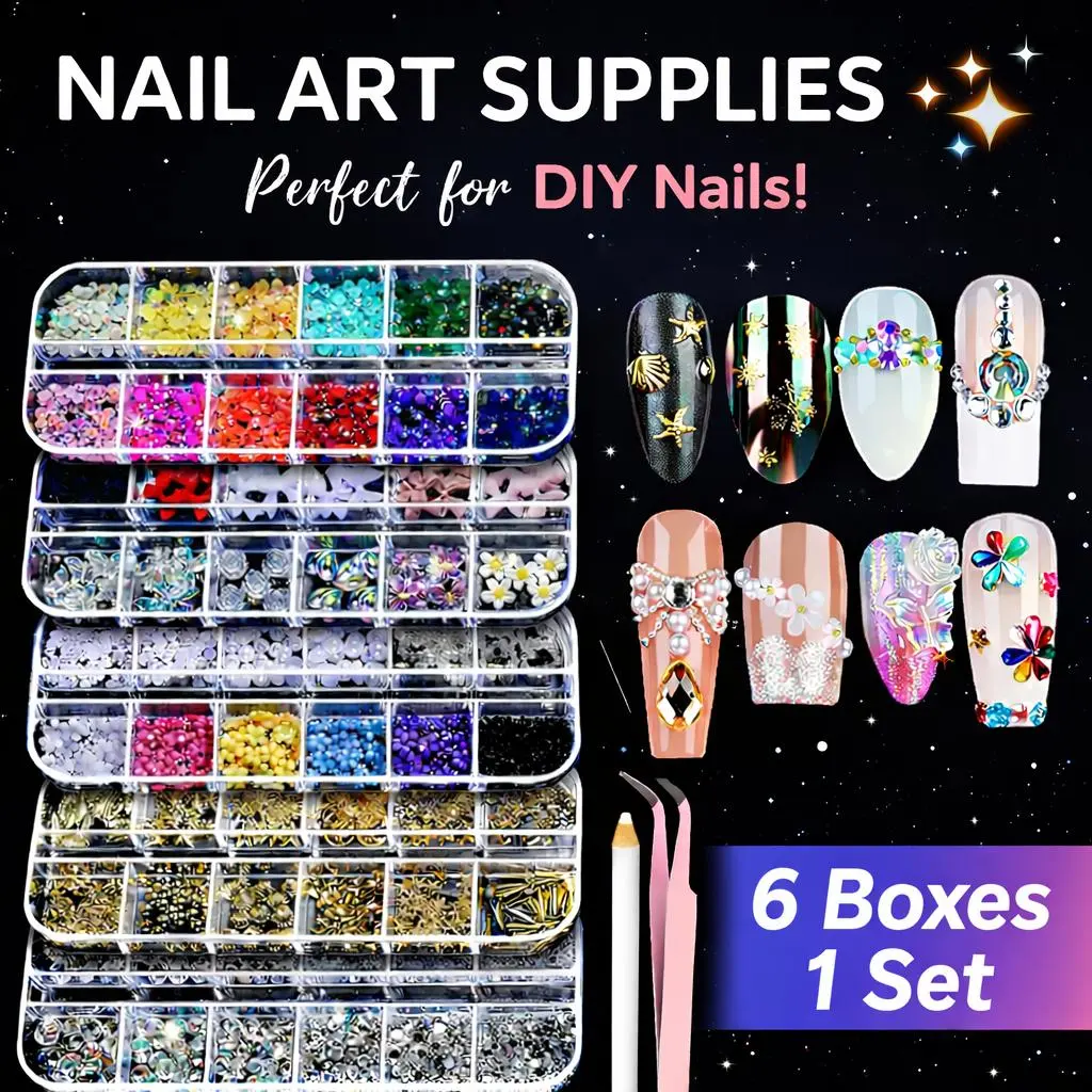 Glittering Nail Art Rhinestones & Pearls, 6 Boxes 3D Nail Decals Tools, Sparkly Manicure Gems for DIY Acrylic Nails